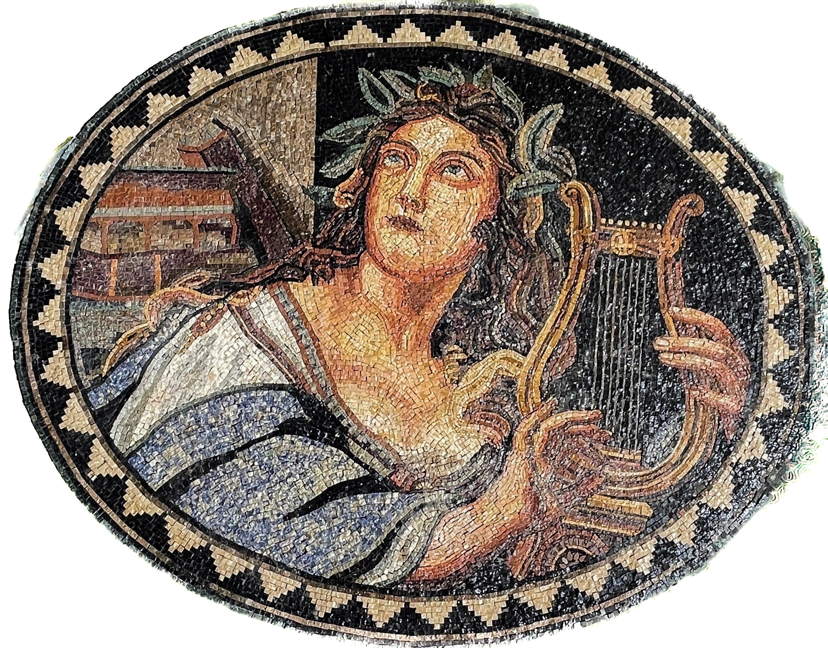 Atemberaubender römischer Mosaikstil, Harfe spielende Göttin, um 1950. im Zustand „Relativ gut“ im Angebot in Hägersten-Liljeholmen, Stockholms län