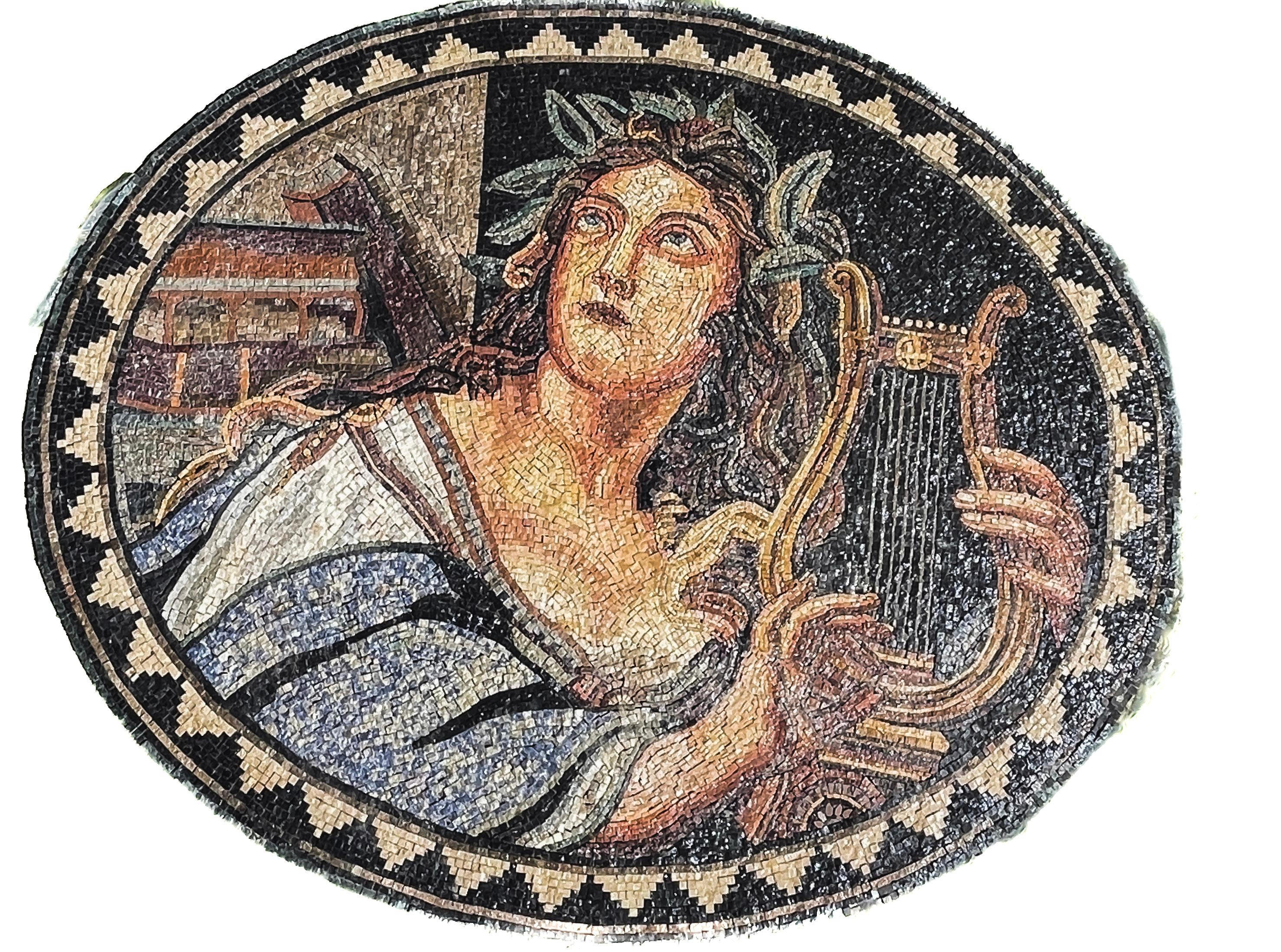 Atemberaubender römischer Mosaikstil, Harfe spielende Göttin, um 1950. im Angebot 1