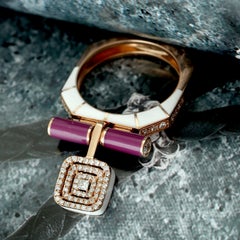 Stunning Rose Gold and Ceramic Inlay Ring with Swinging VS Diamond Pave Cushion