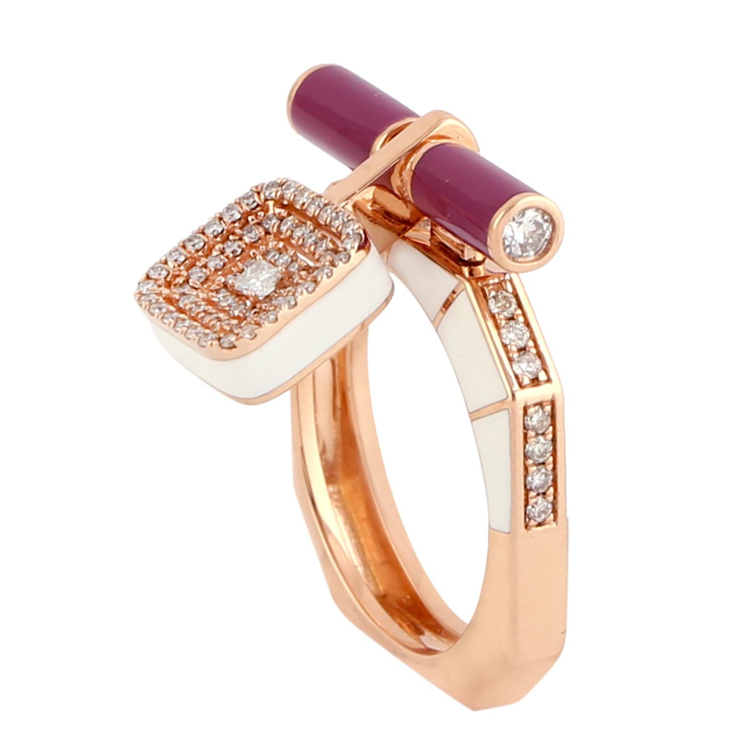 Mixed Cut Stunning Rose Gold and Ceramic Inlay Ring with Swinging VS Diamond Pave Cushion  For Sale
