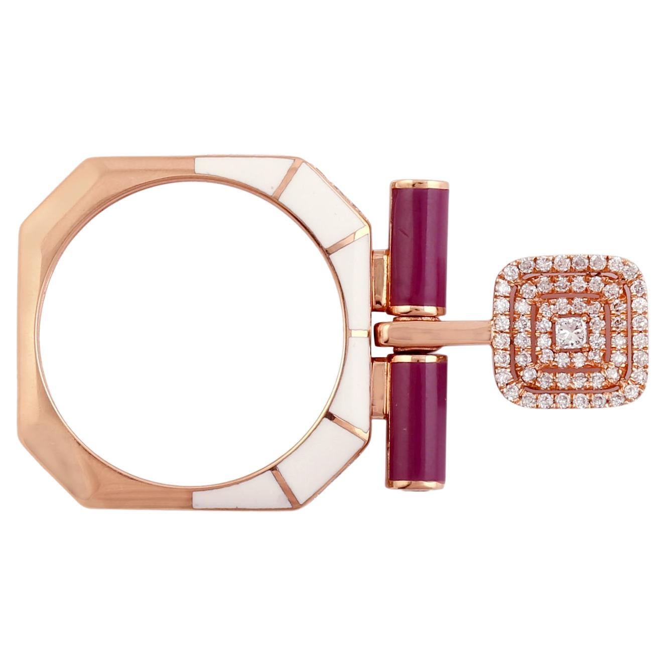 Stunning Rose Gold and Ceramic Inlay Ring with Swinging VS Diamond Pave Cushion  For Sale