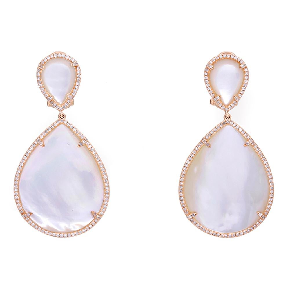 Stunning Rose Gold Mother of Pearl Diamond Large Dangle Earrings In New Condition In Dallas, TX