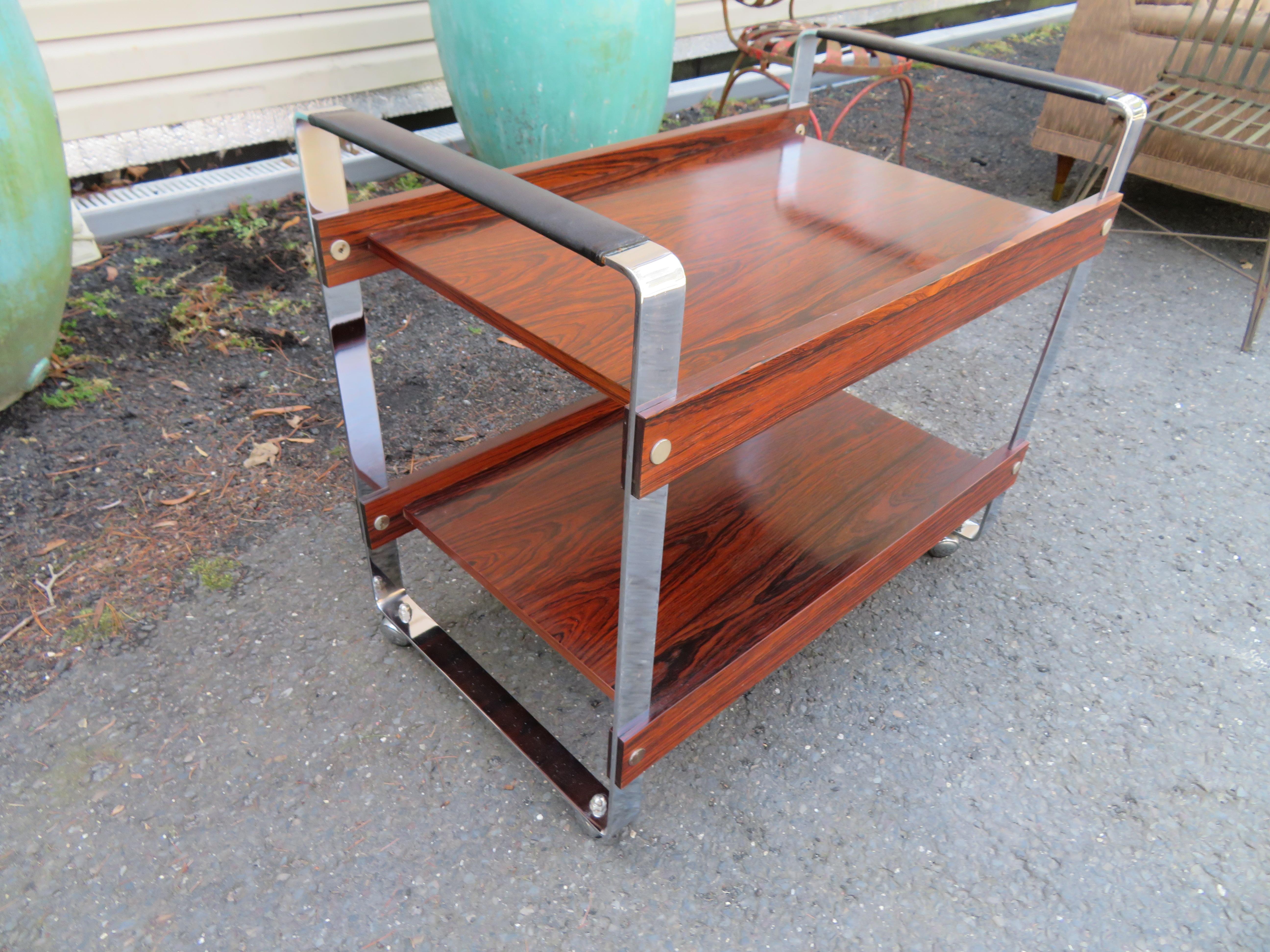 British Stunning Rosewood and Chrome Rolling Bar Cart Richard Young Mid-Century Modern For Sale
