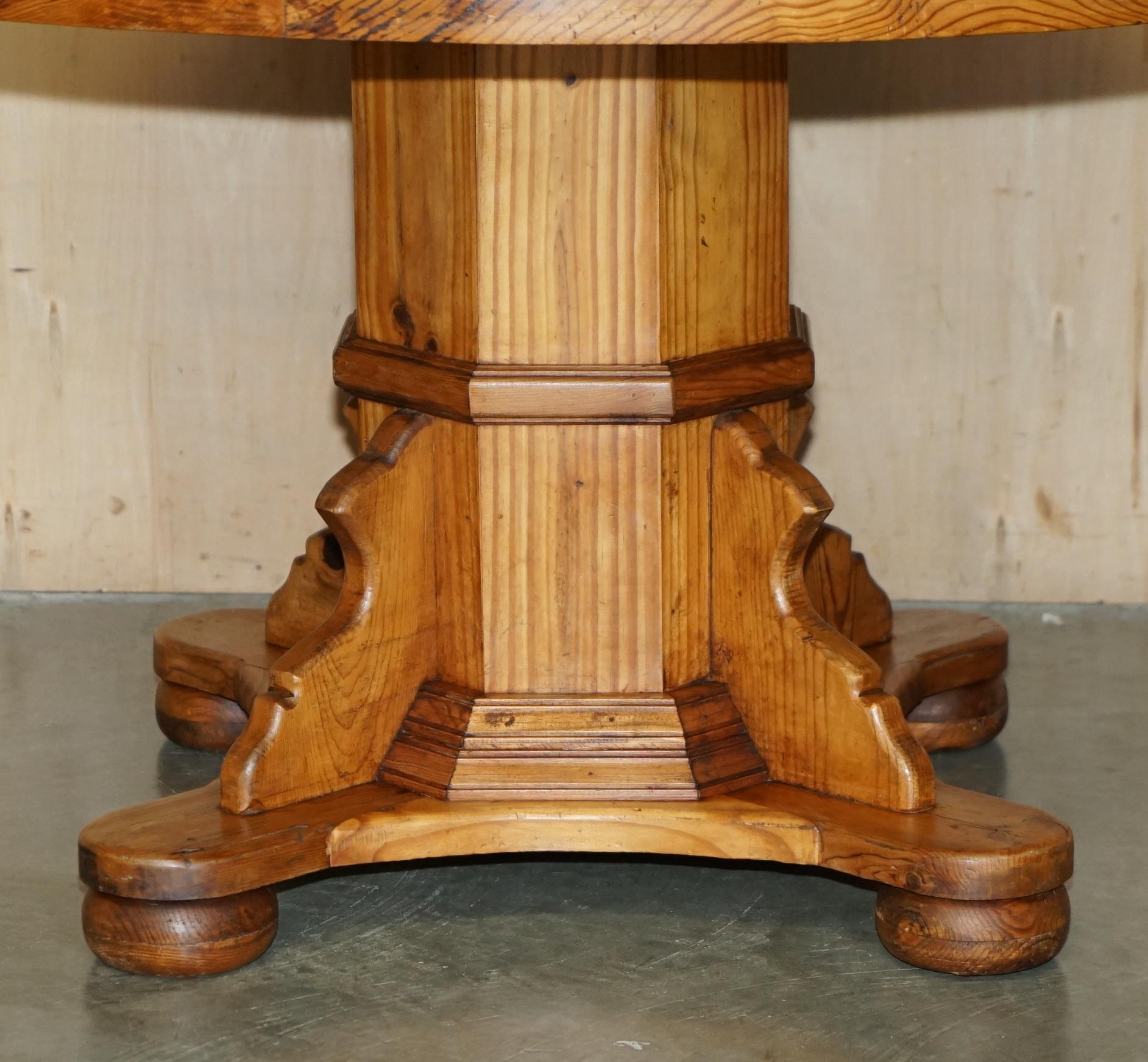 Country STUNNING ROUND CIRCA 1940's PITCH PINE DINING TABLE WITH THICK PEDESTAL BASE For Sale
