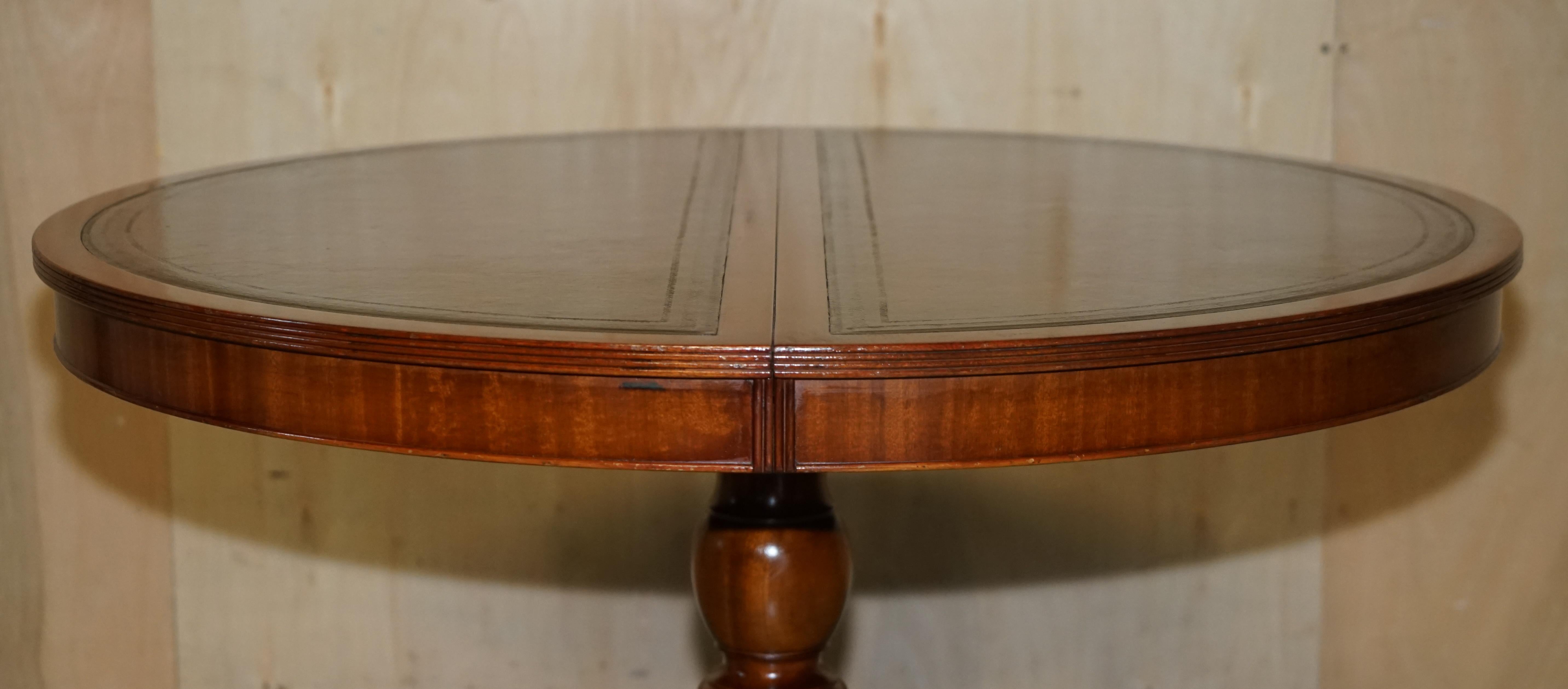 Stunning Round Extending Dining Library Table with Hand Dyed Brown Leather Top For Sale 2