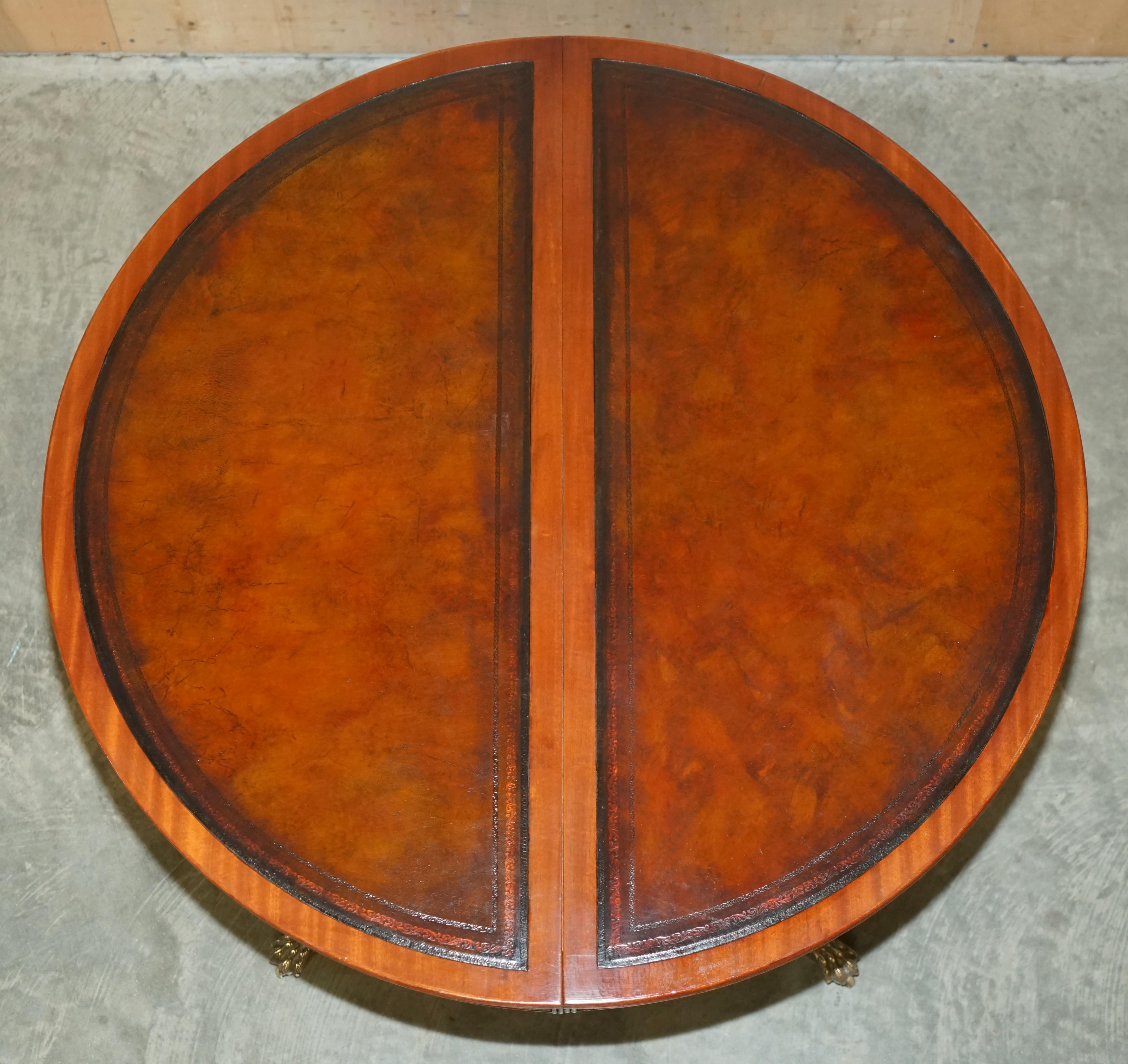 Stunning Round Extending Dining Library Table with Hand Dyed Brown Leather Top For Sale 8