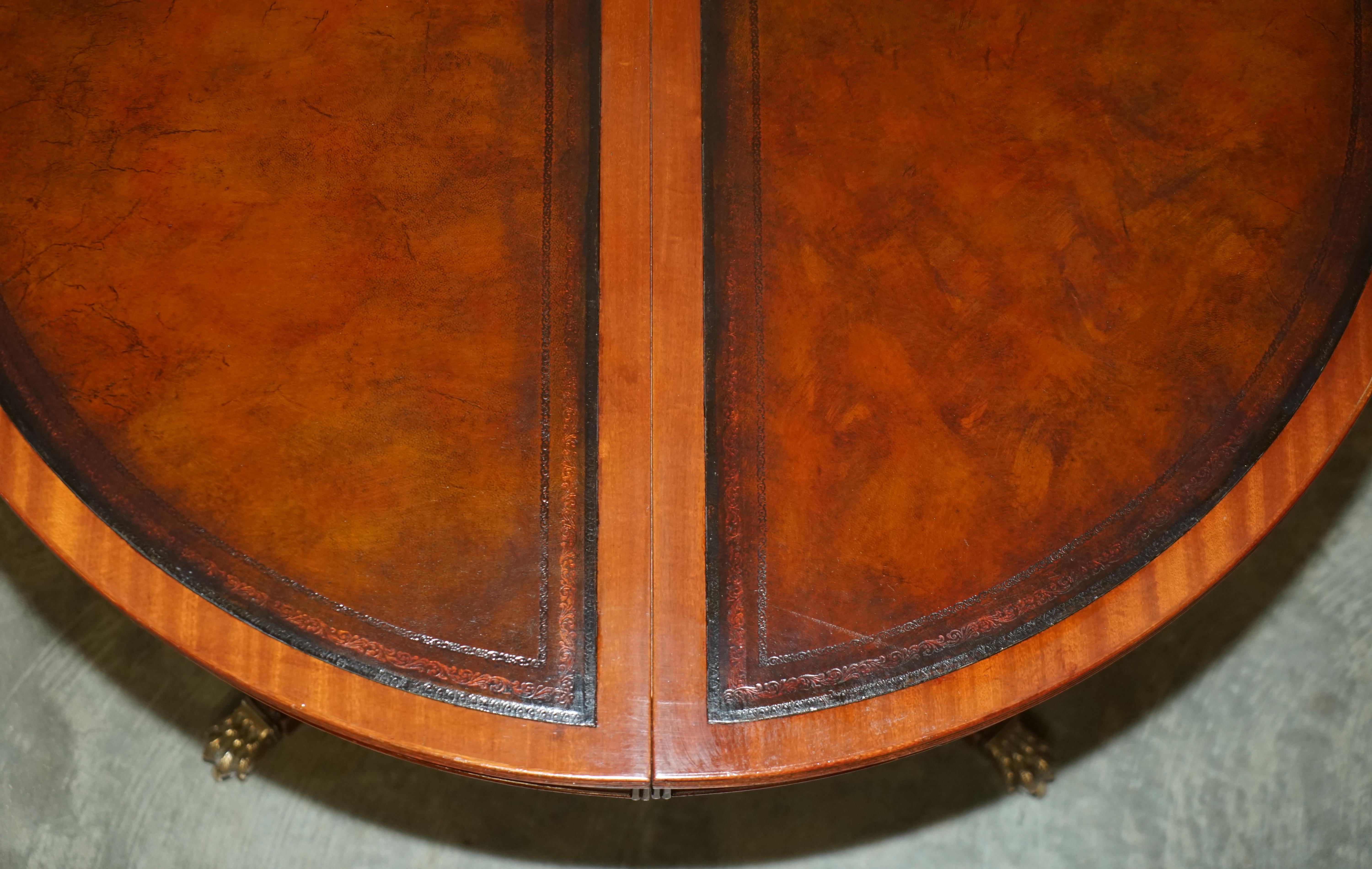 Stunning Round Extending Dining Library Table with Hand Dyed Brown Leather Top For Sale 10