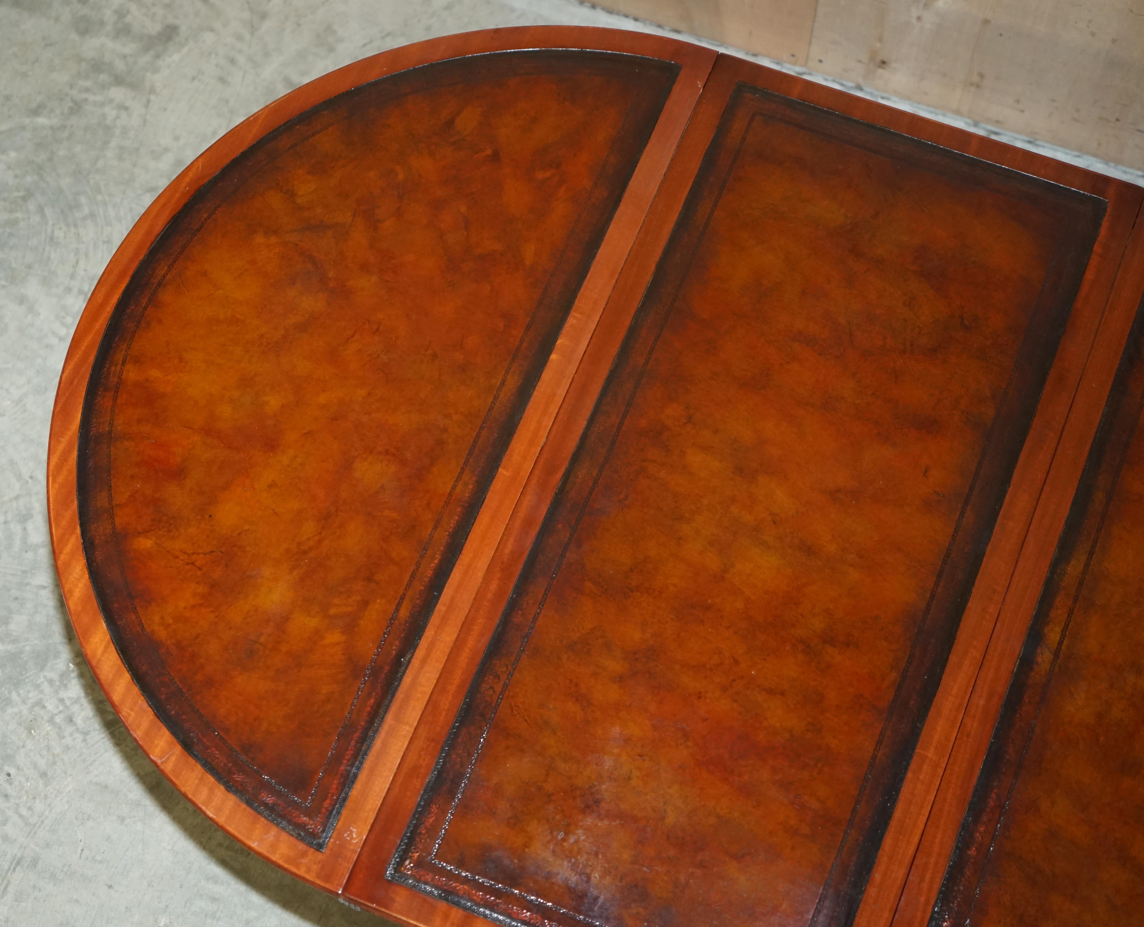 Art Deco Stunning Round Extending Dining Library Table with Hand Dyed Brown Leather Top For Sale