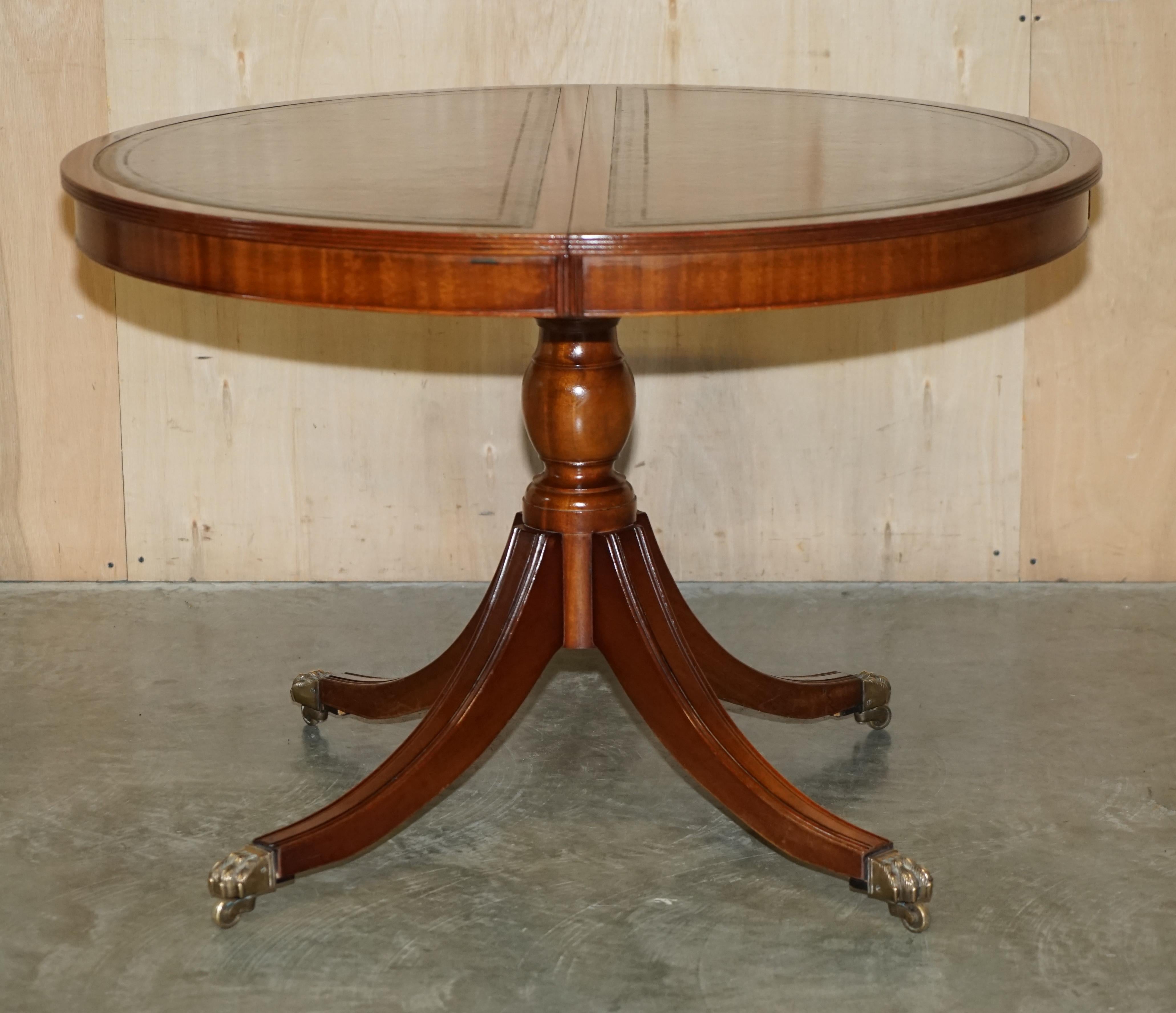 Stunning Round Extending Dining Library Table with Hand Dyed Brown Leather Top For Sale 1