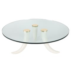 Stunning Round Glass Coffee Table with Octagonal Caps and Tusk Legs, circa 1970s