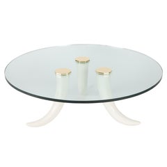 Vintage Stunning Round Glass Coffee Table with Octagonal Caps and Tusk Legs, circa 1970s