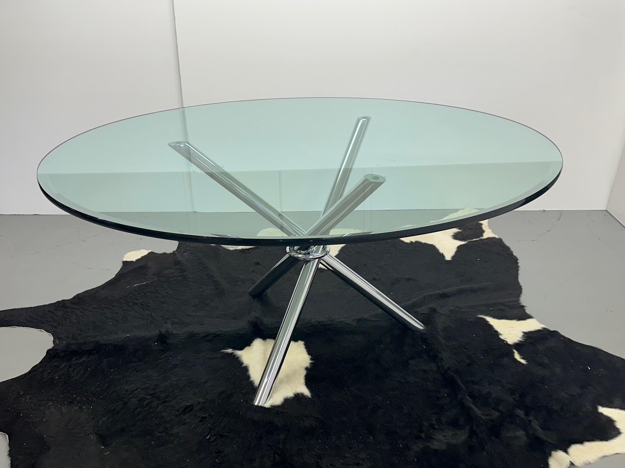 Stunning Round Glass Modern Table with Cool Chrome Tripod Base For Sale 5