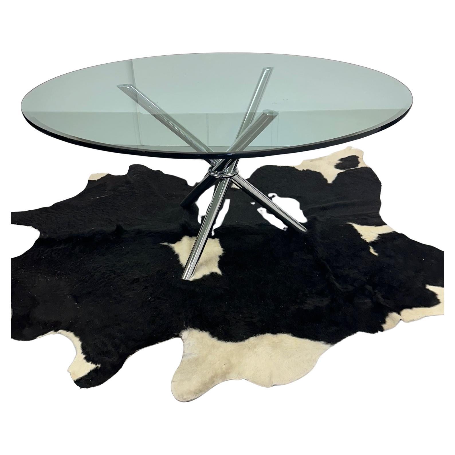 Stunning Round Glass Modern Table with Cool Chrome Tripod Base For Sale