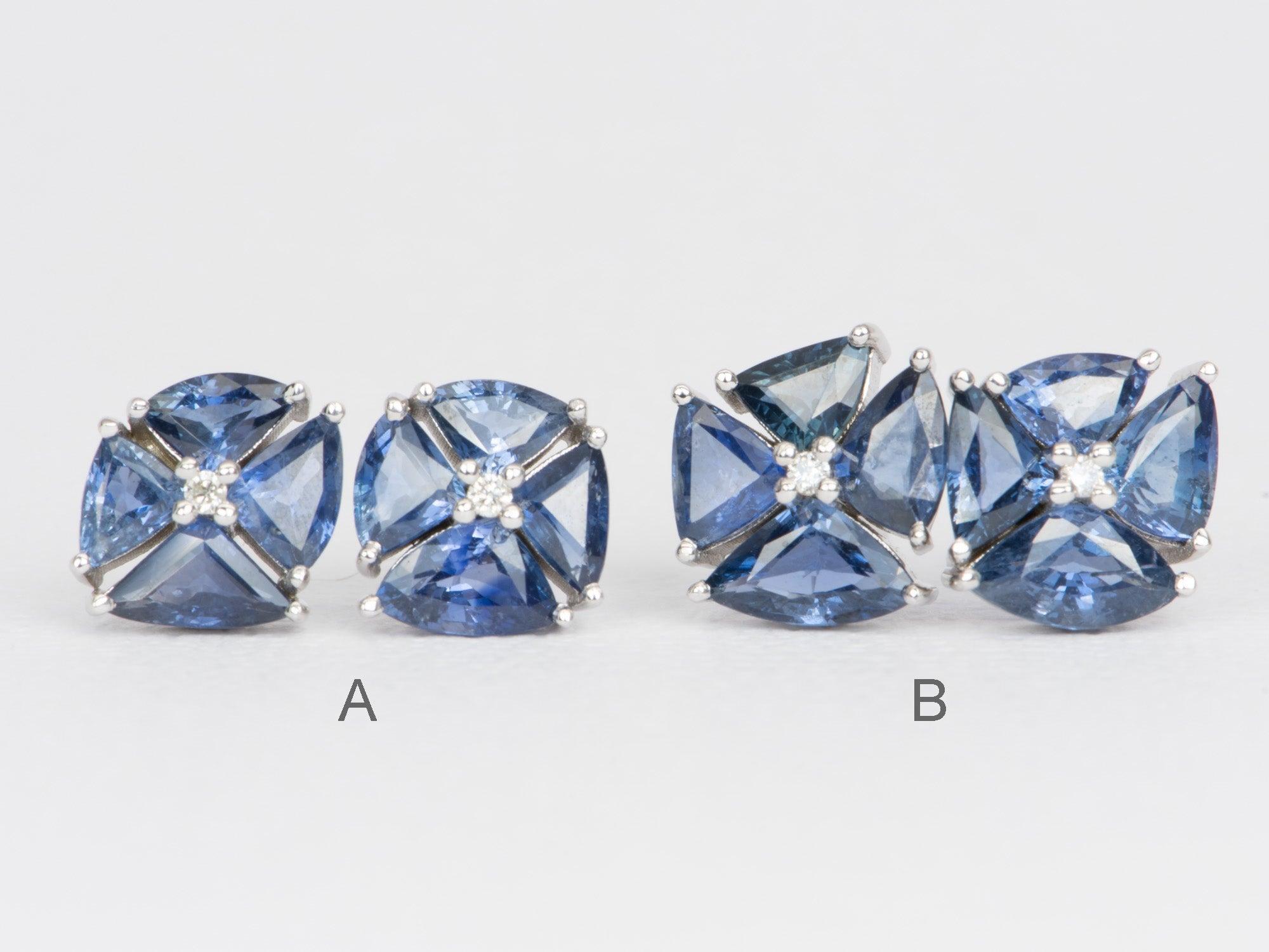 Atemberaubende königsblaue Saphir- und Diamant-Cluster-Ohrringe 14k Weißgold R3080 (Trillionschliff) im Angebot