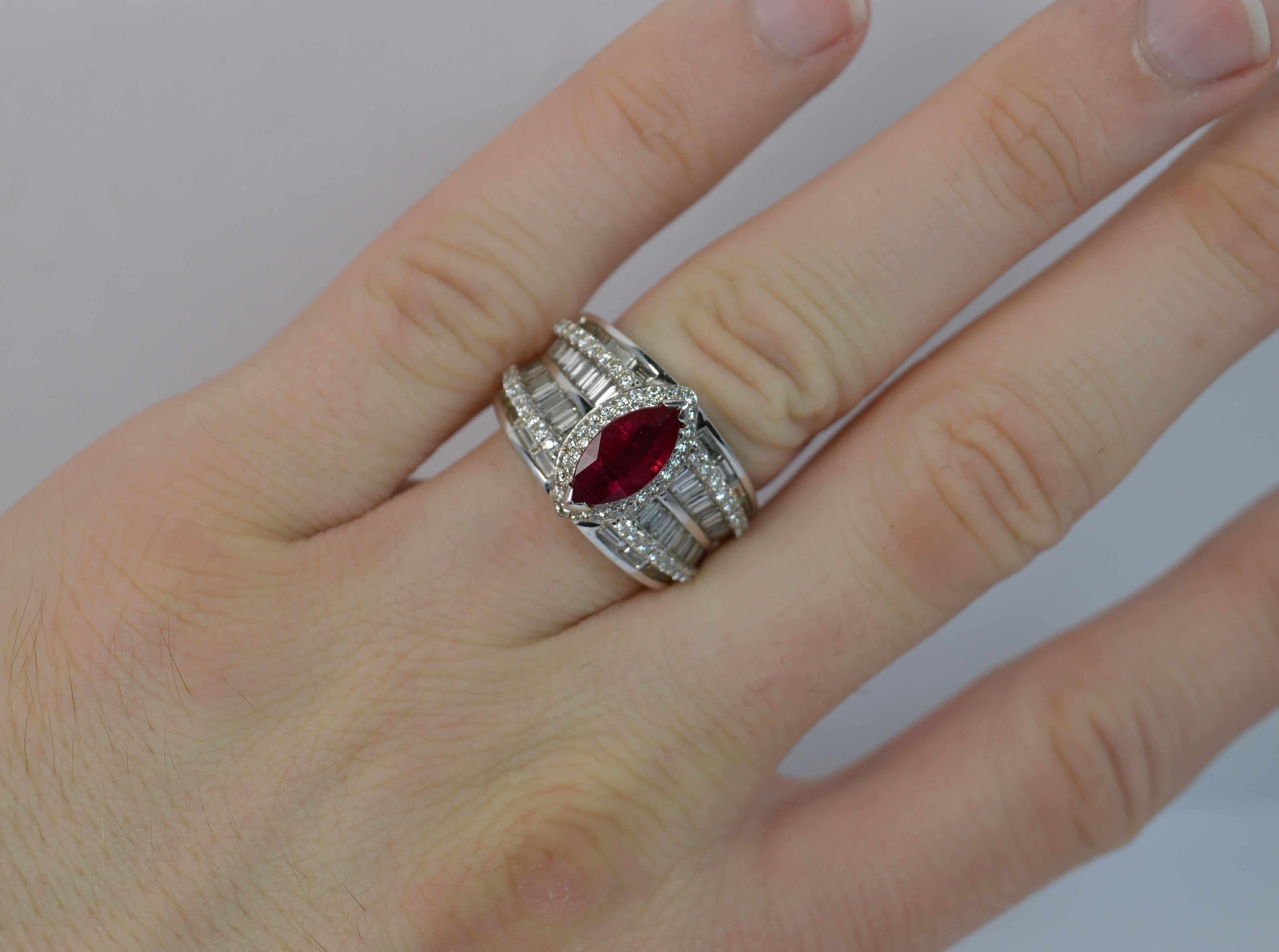 Art Deco Stunning Ruby and 1.50 Carat Diamond 18 Carat Gold Cluster Cocktail Ring