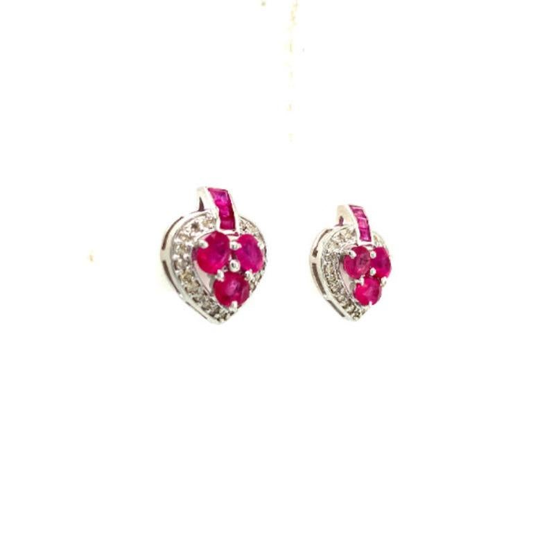 Art Nouveau Dainty Ruby Diamond Heart Stud Earrings in Sterling Silver For Sale