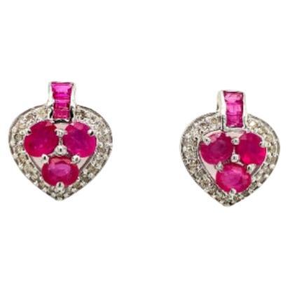 Dainty Ruby Diamond Heart Stud Earrings in Sterling Silver For Sale