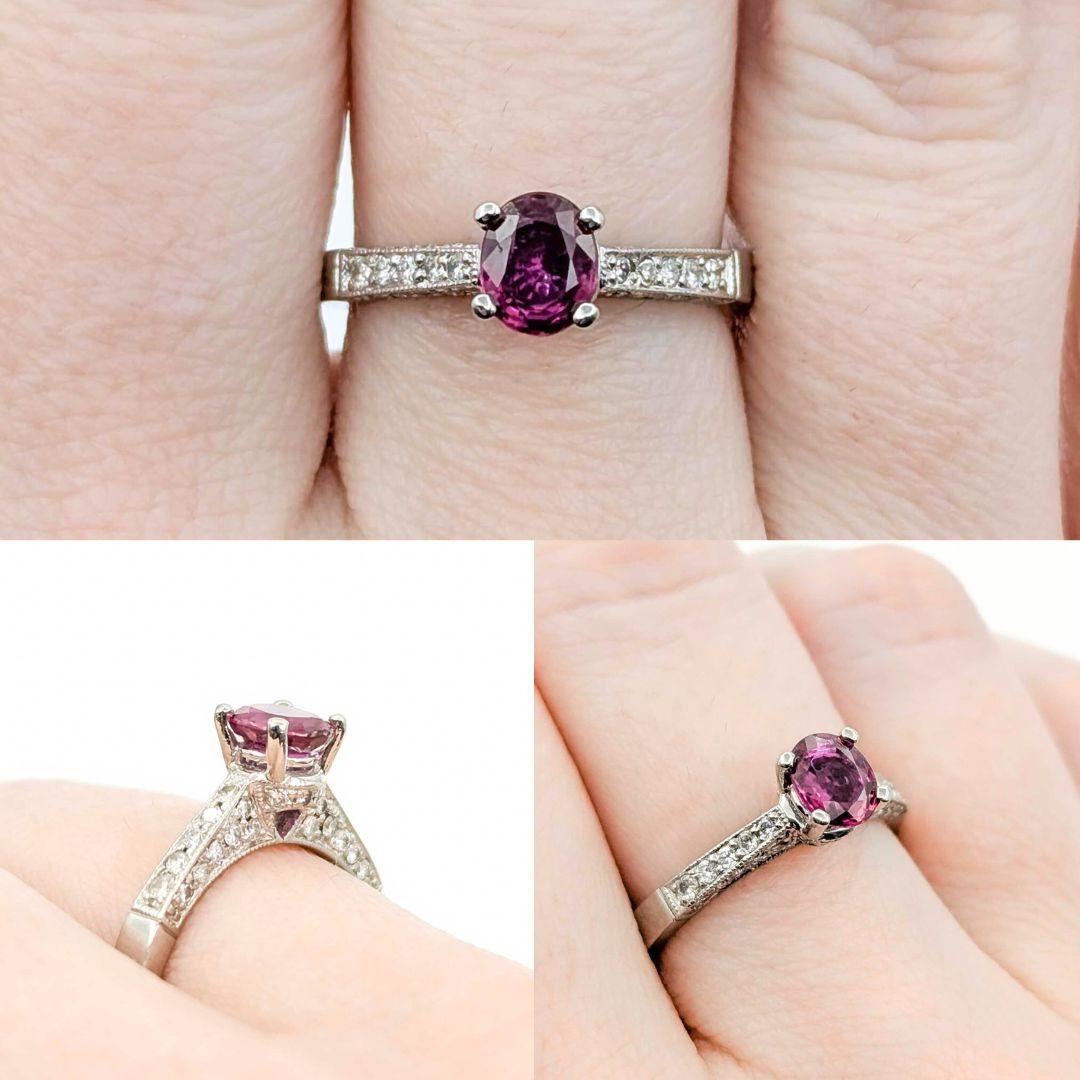 Stunning Ruby & Diamond Milgrain Ring in 950 Platinum
Introducing this stunning Ruby Ring, meticulously crafted in 950 platinum with intricate milgrain detailing. This exquisite piece features a vibrant 0.72ct ruby, radiating deep red brilliance,