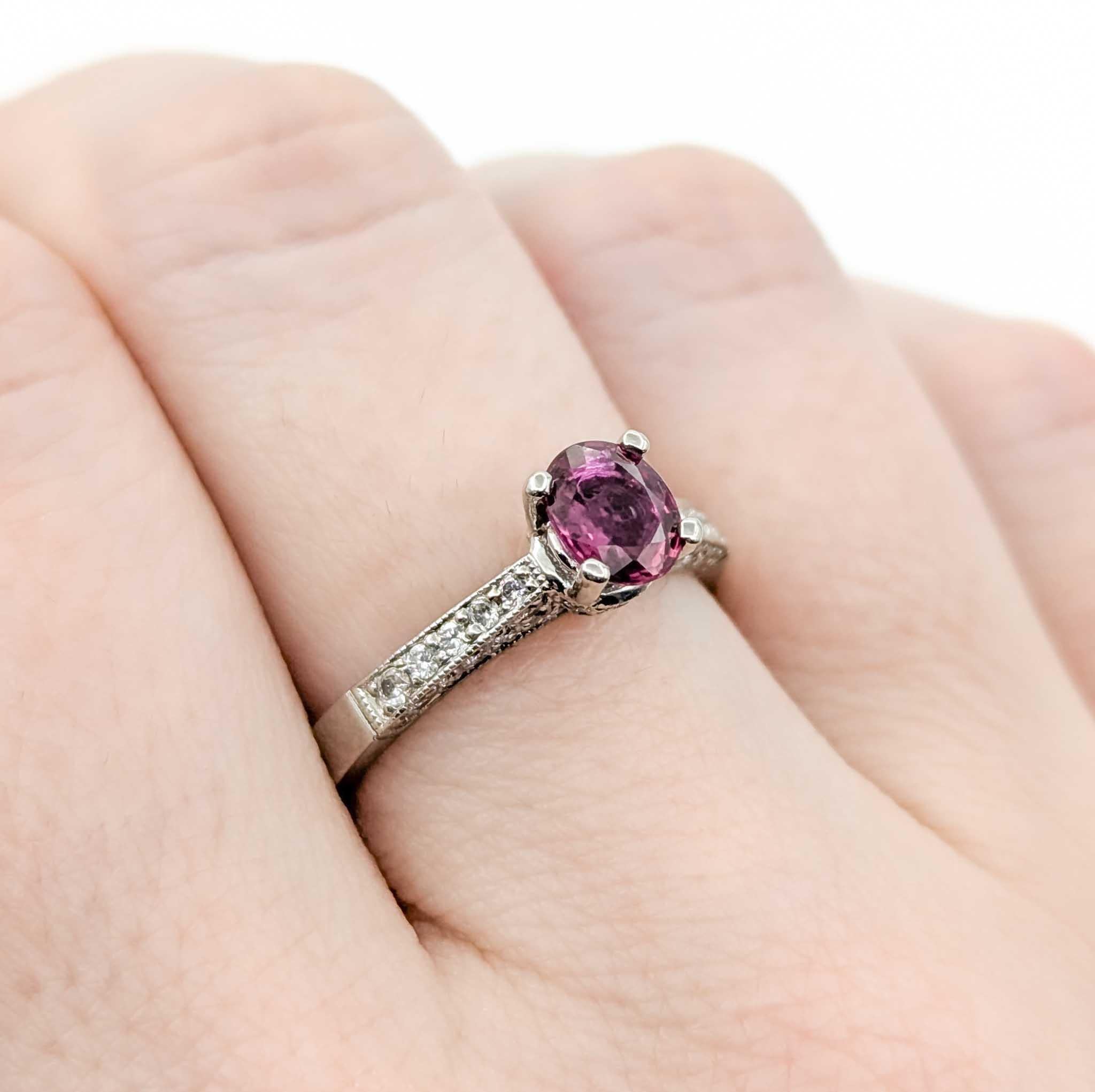 Oval Cut Stunning Ruby & Diamond Milgrain Ring in 950 Platinum For Sale