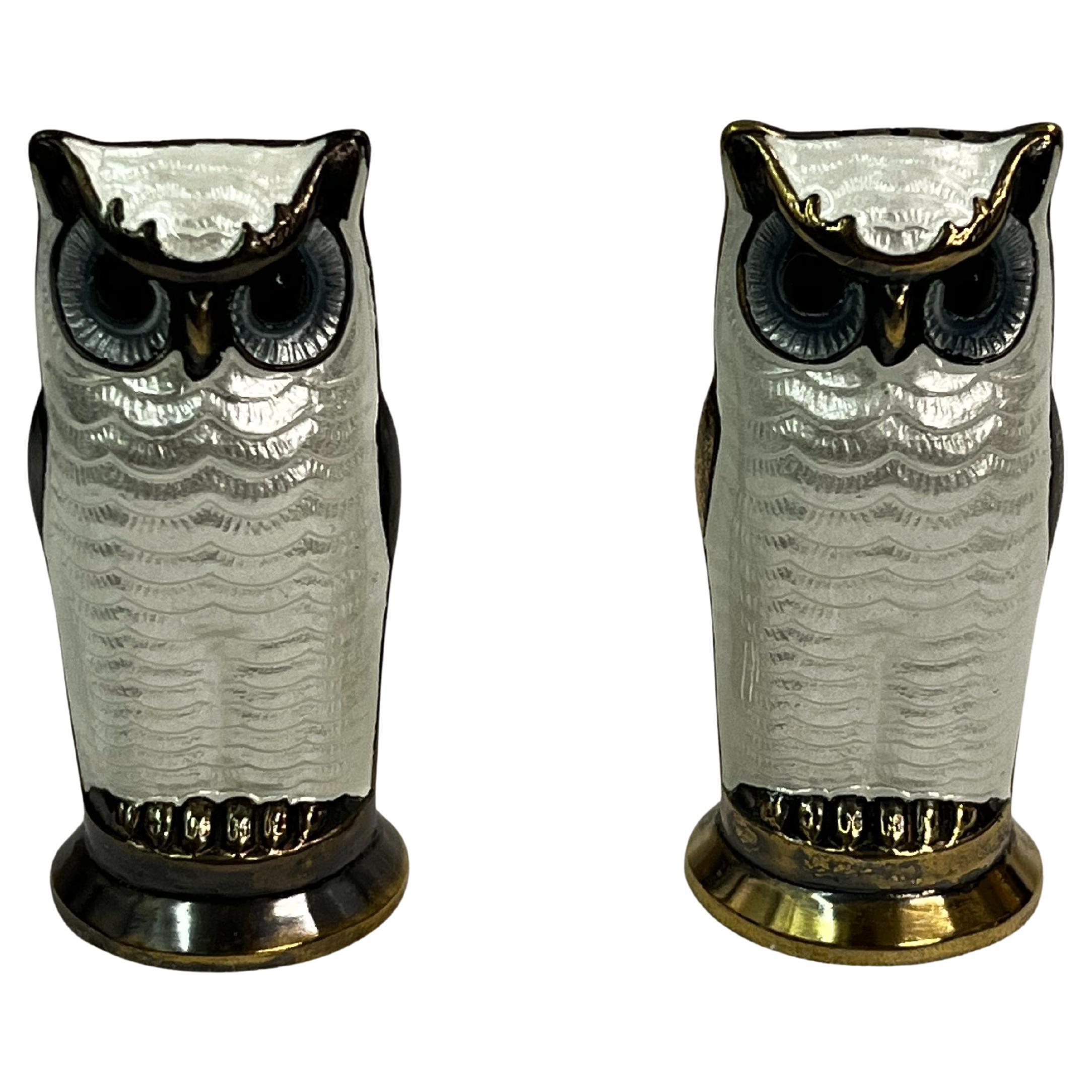 Stunning salt pepper set owls sterling silver 925 guilloche enamel, 1960s Norway For Sale