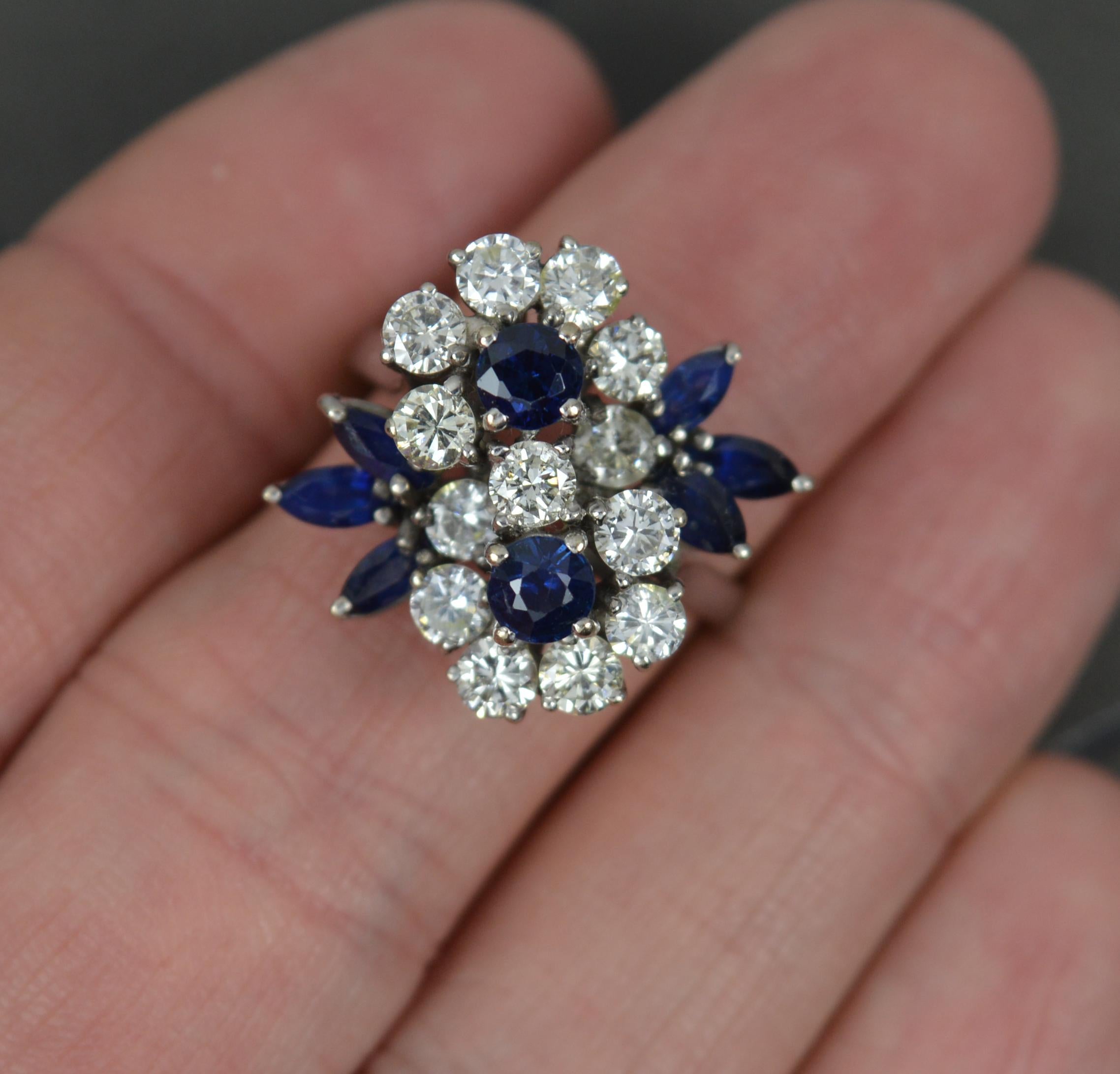 Stunning Sapphire and 1.25 Carat Diamond 18 Carat White Gold Flower Cluster Ring For Sale 1