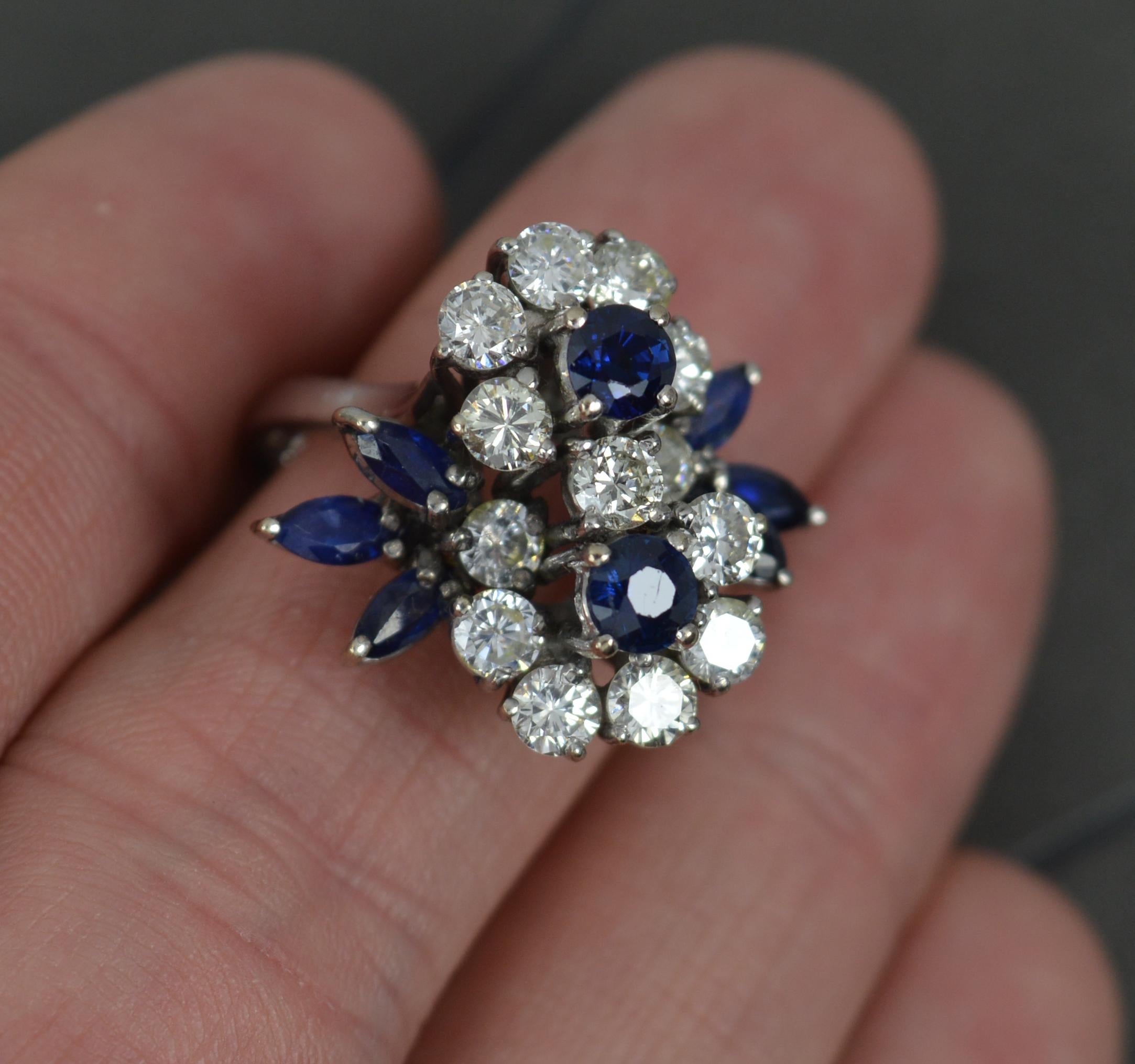 Stunning Sapphire and 1.25 Carat Diamond 18 Carat White Gold Flower Cluster Ring For Sale 2