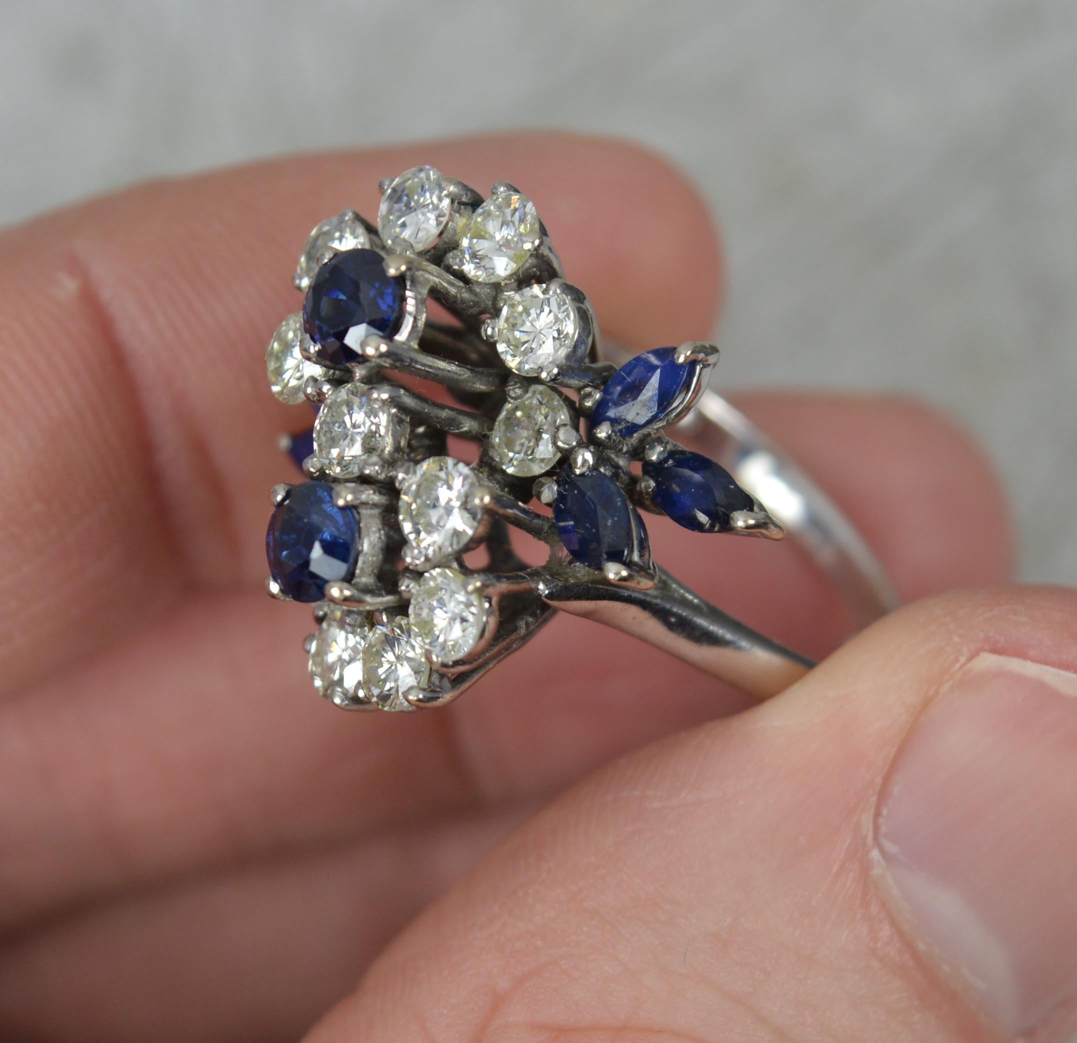 Stunning Sapphire and 1.25 Carat Diamond 18 Carat White Gold Flower Cluster Ring For Sale 4