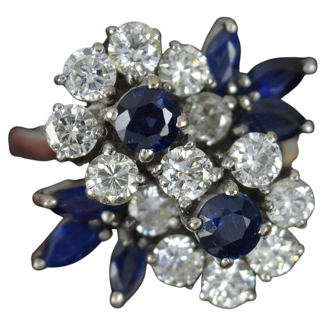 Stunning Sapphire and 1.25 Carat Diamond 18 Carat White Gold Flower Cluster Ring For Sale