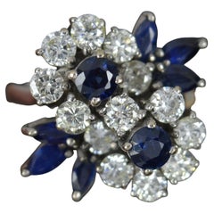 Vintage Stunning Sapphire and 1.25 Carat Diamond 18 Carat White Gold Flower Cluster Ring