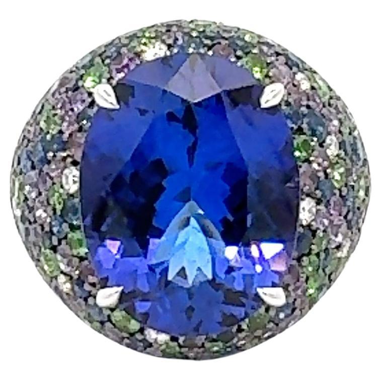 Stunning Sapphire Tanzanite Diamond 18K White Gold Ring For Her For Sale