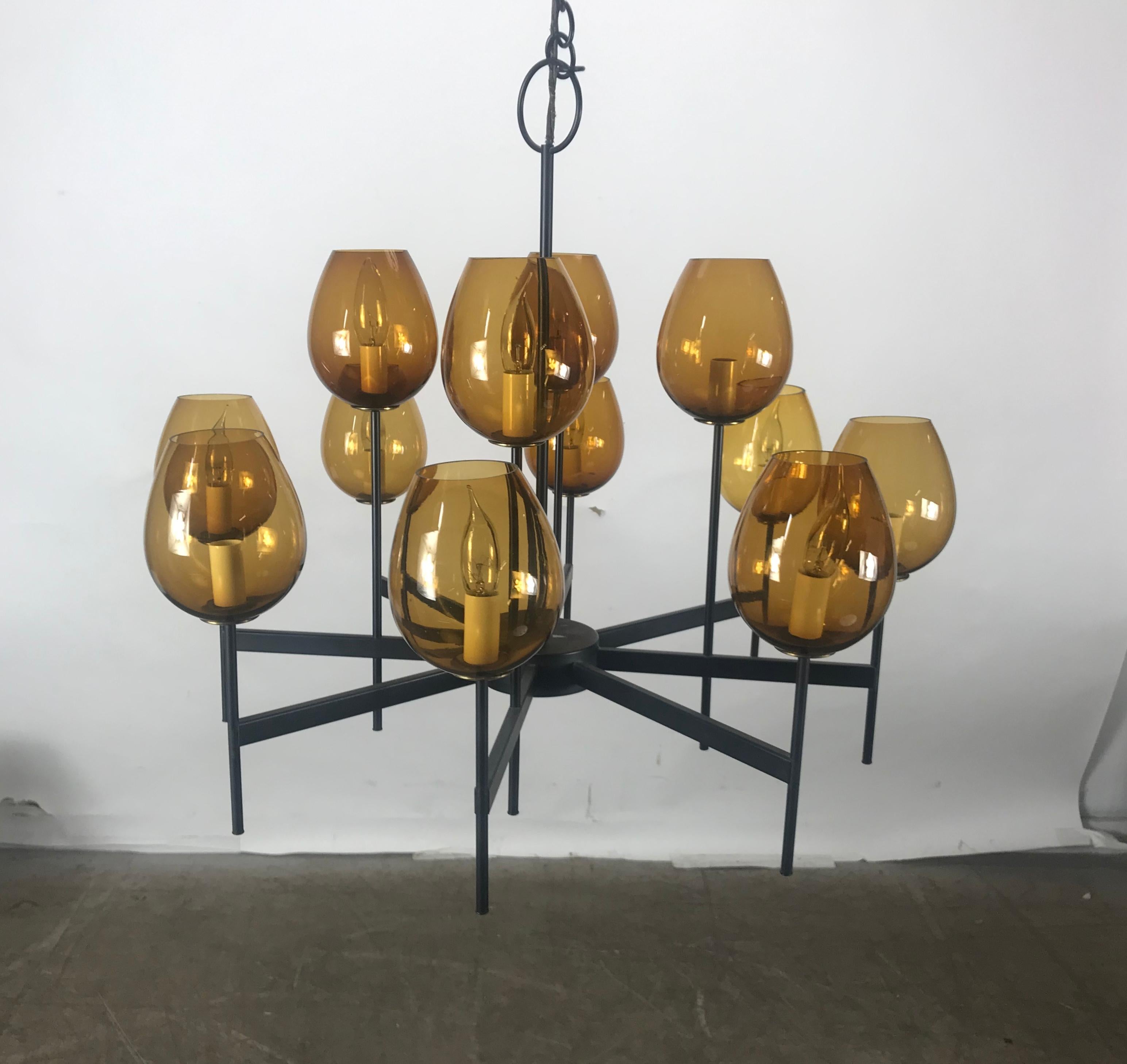 Stunning Scandinavian Blown Glass Globes and Iron Chandelier In Excellent Condition In Buffalo, NY