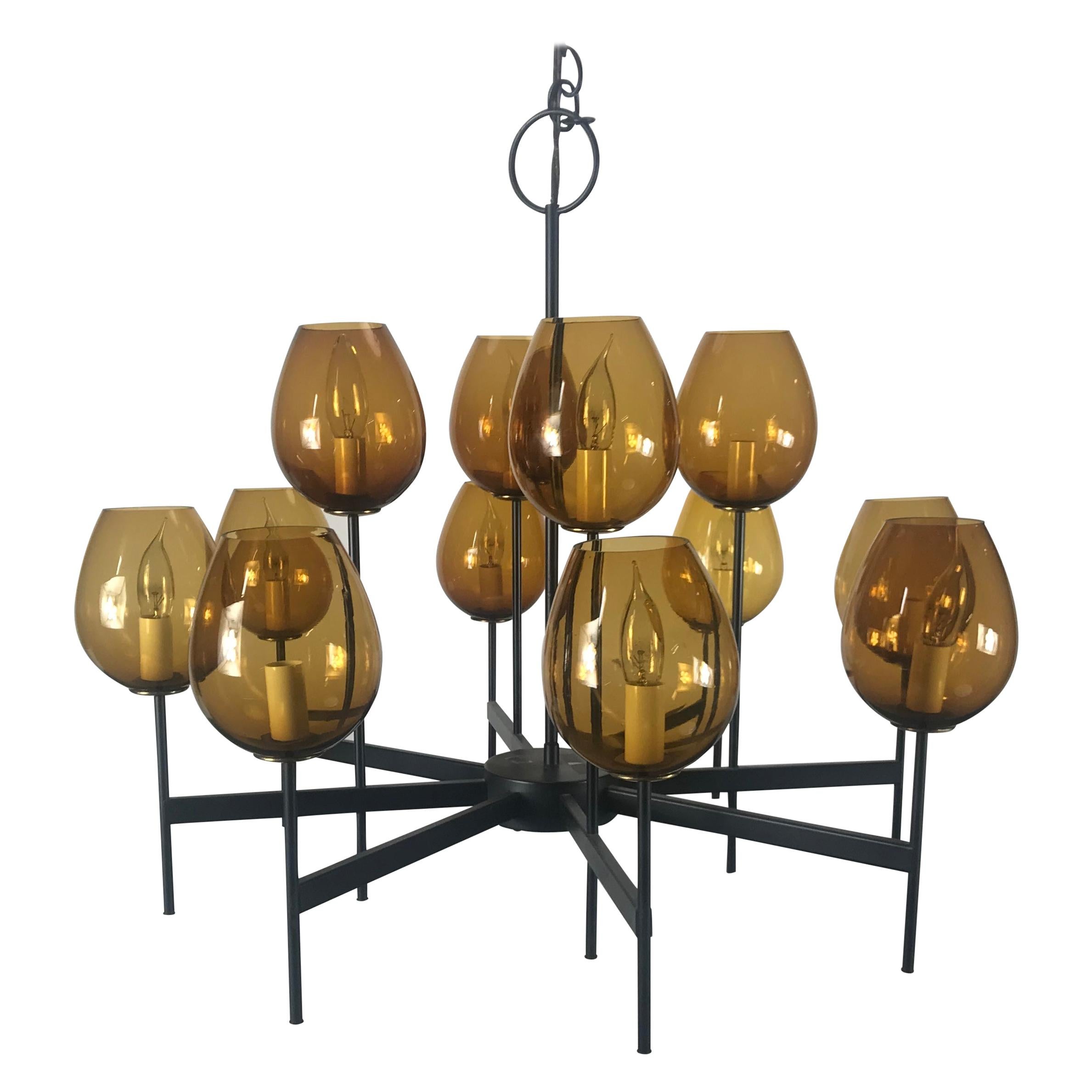 Stunning Scandinavian Blown Glass Globes and Iron Chandelier