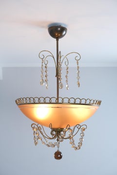 Stunning Scandinavian Chandelier in Brass, Amber Glass and Crystals, 1930s