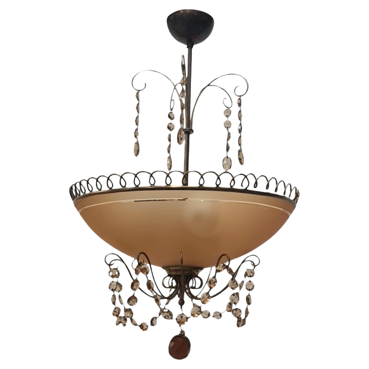 Stunning Scandinavian Chandelier in Brass, Amber Glass and Crystals, 1930s