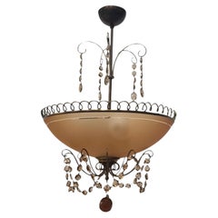 Stunning Scandinavian Chandelier in Brass, Amber Glass and Crystals, 1930s