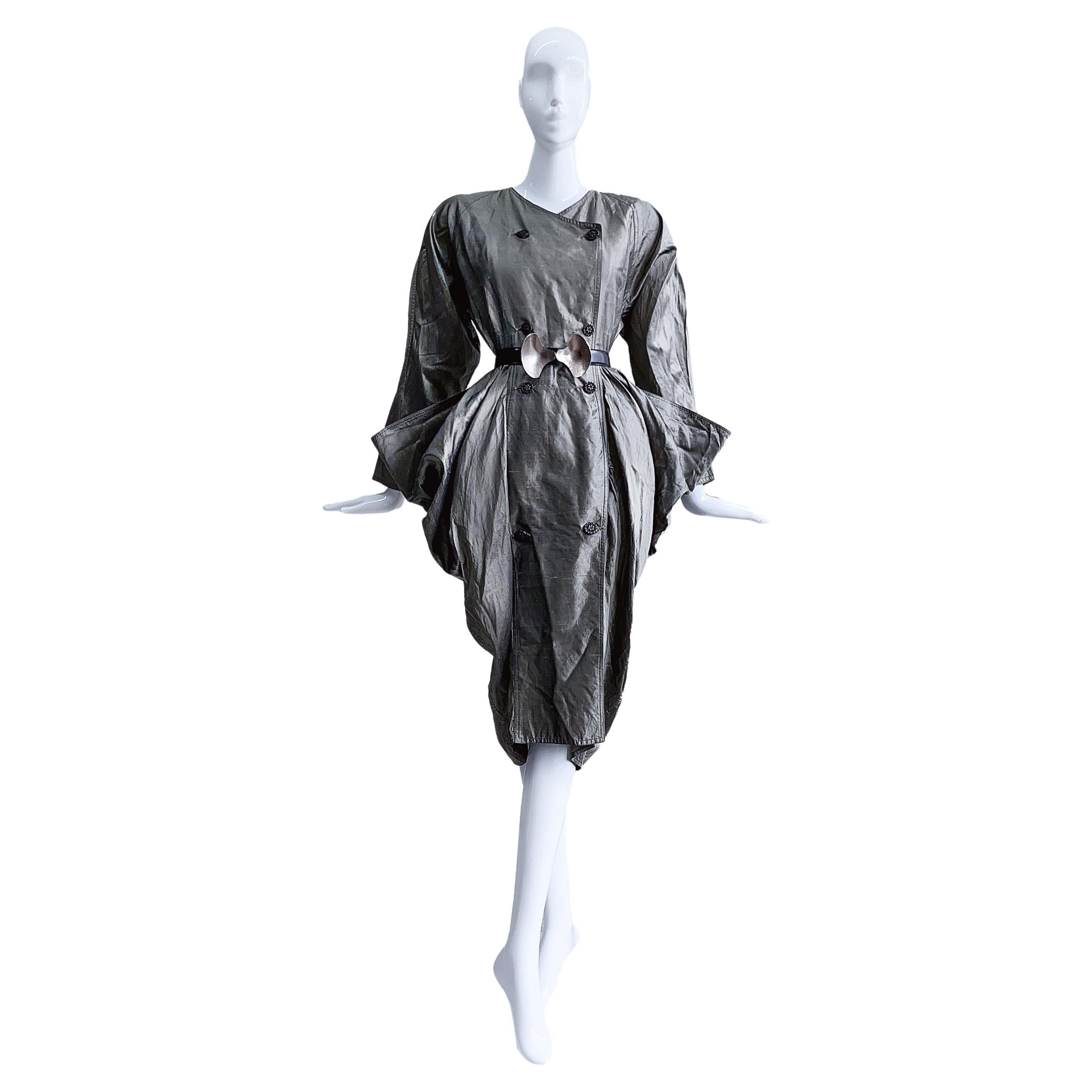 Stunning Sculptural Avant Garde Dress Silver Silk Italian Design For Sale