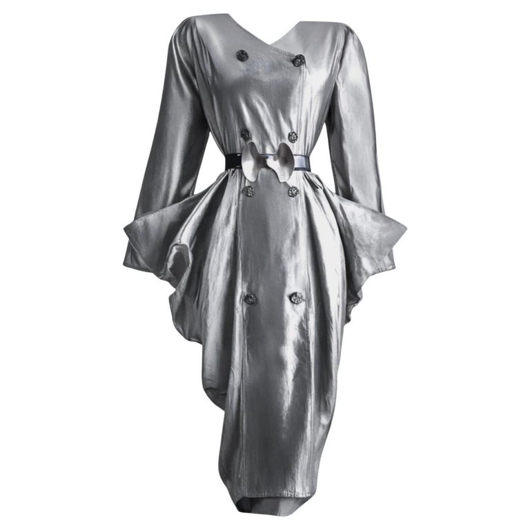 Stunning Sculptural Avant Garde Dress Silver Silk Italian Design