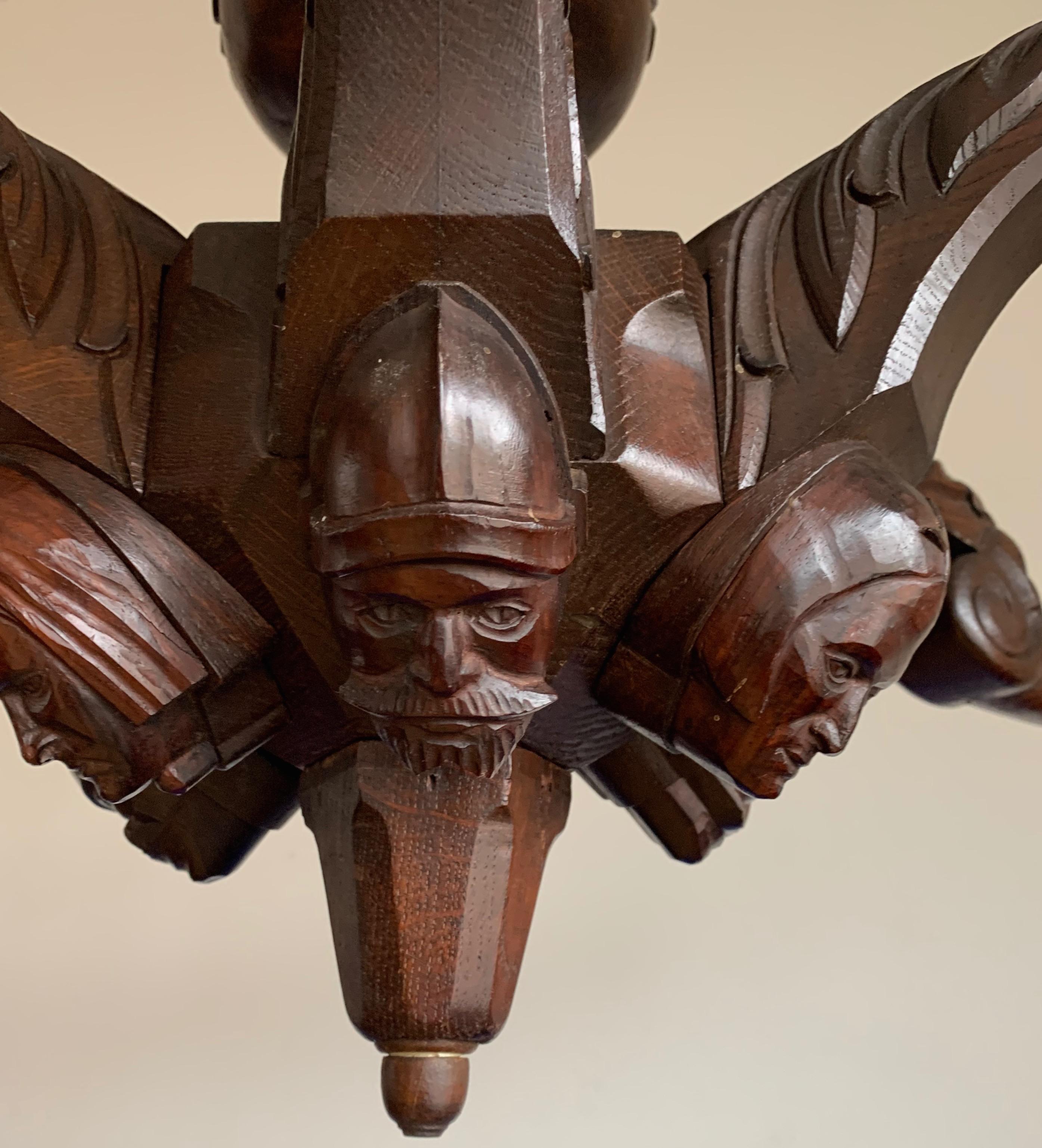 Stunning & Sculptural, Large Wooden Medieval St. Chandelier with Mask Sculptures For Sale 1