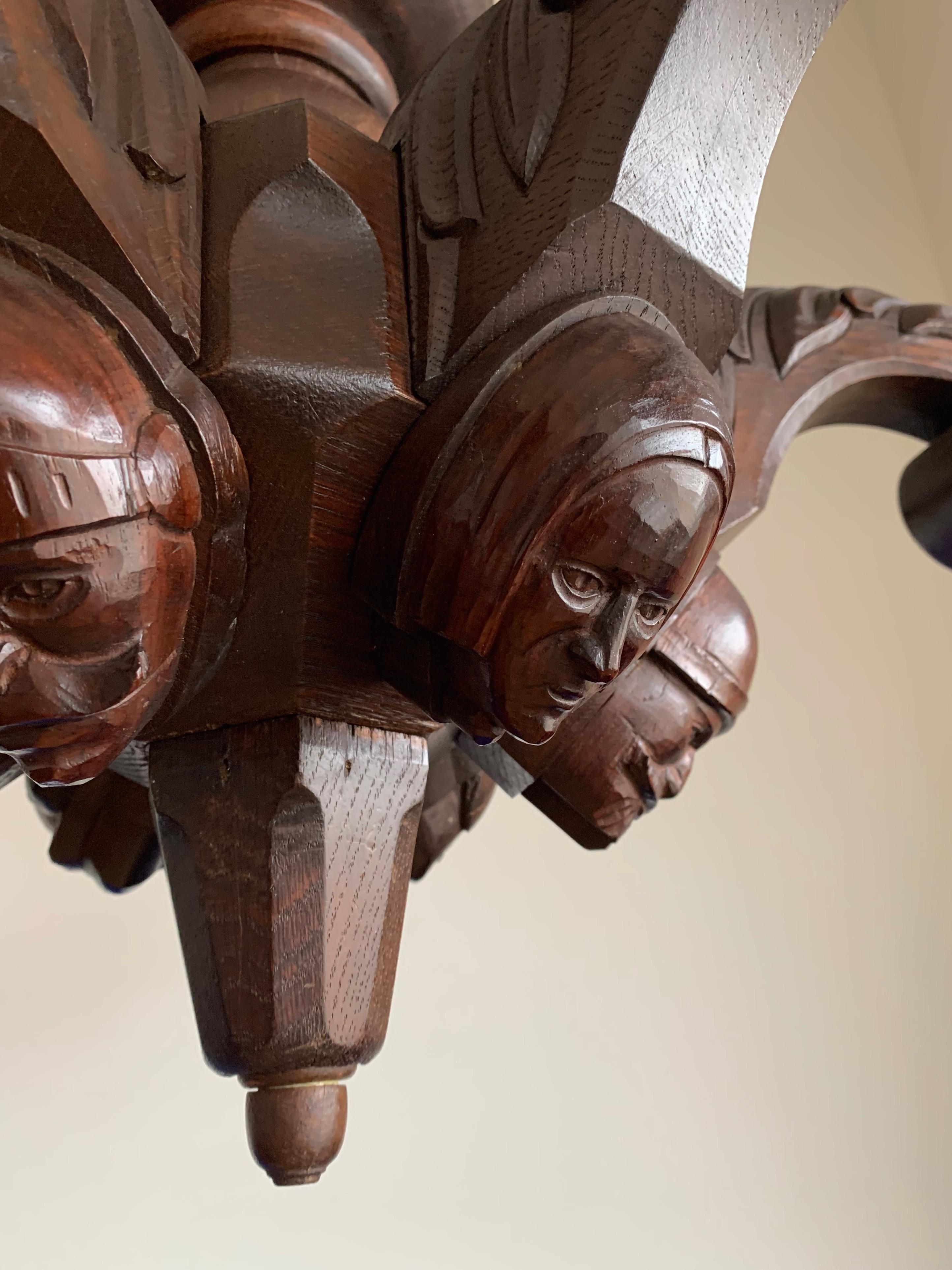 Stunning & Sculptural, Large Wooden Medieval St. Chandelier with Mask Sculptures For Sale 2