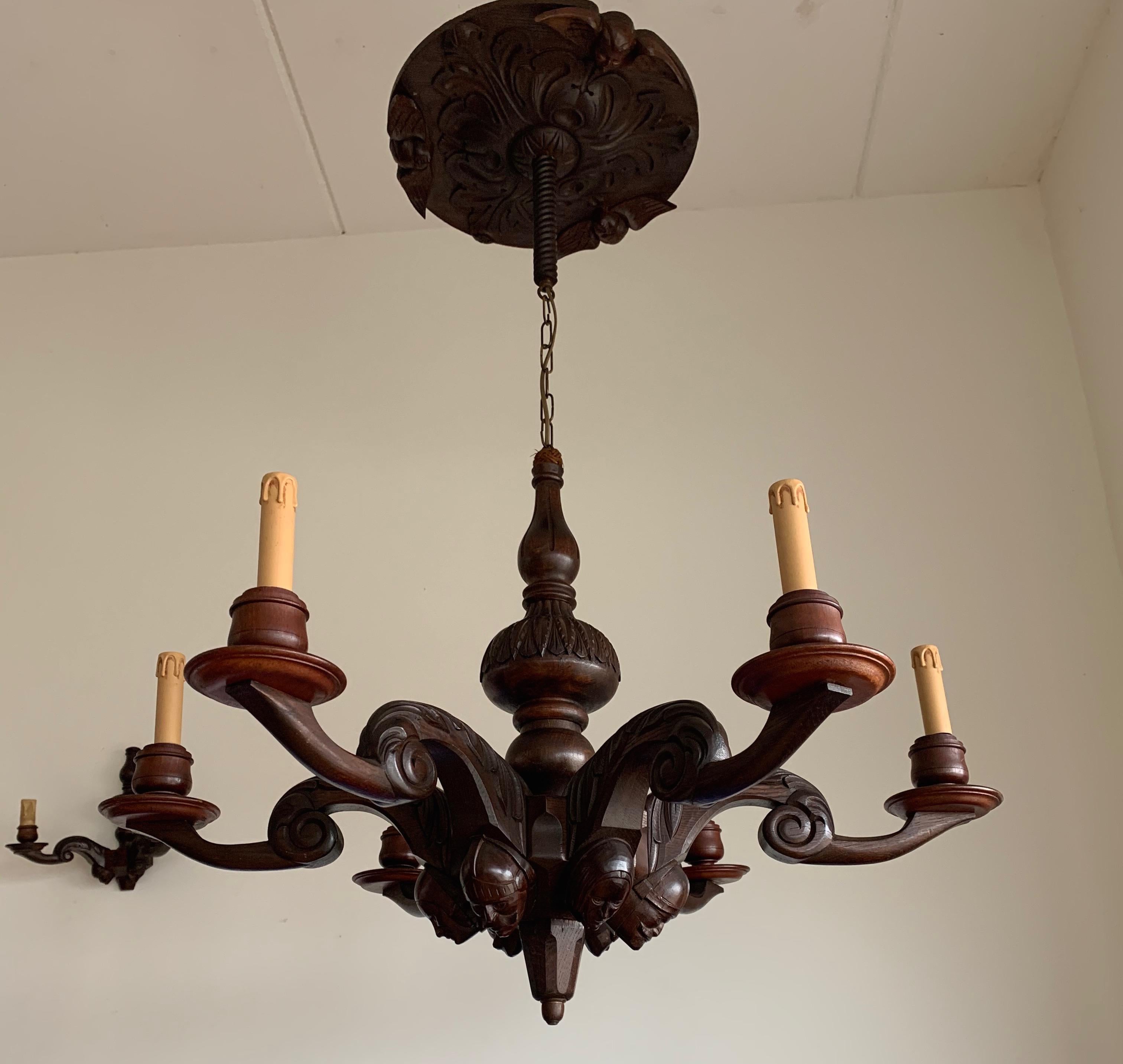 Stunning & Sculptural, Large Wooden Medieval St. Chandelier with Mask Sculptures For Sale 8