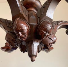Stunning & Sculptural, Large Wooden Medieval St. Chandelier with Mask Sculptures