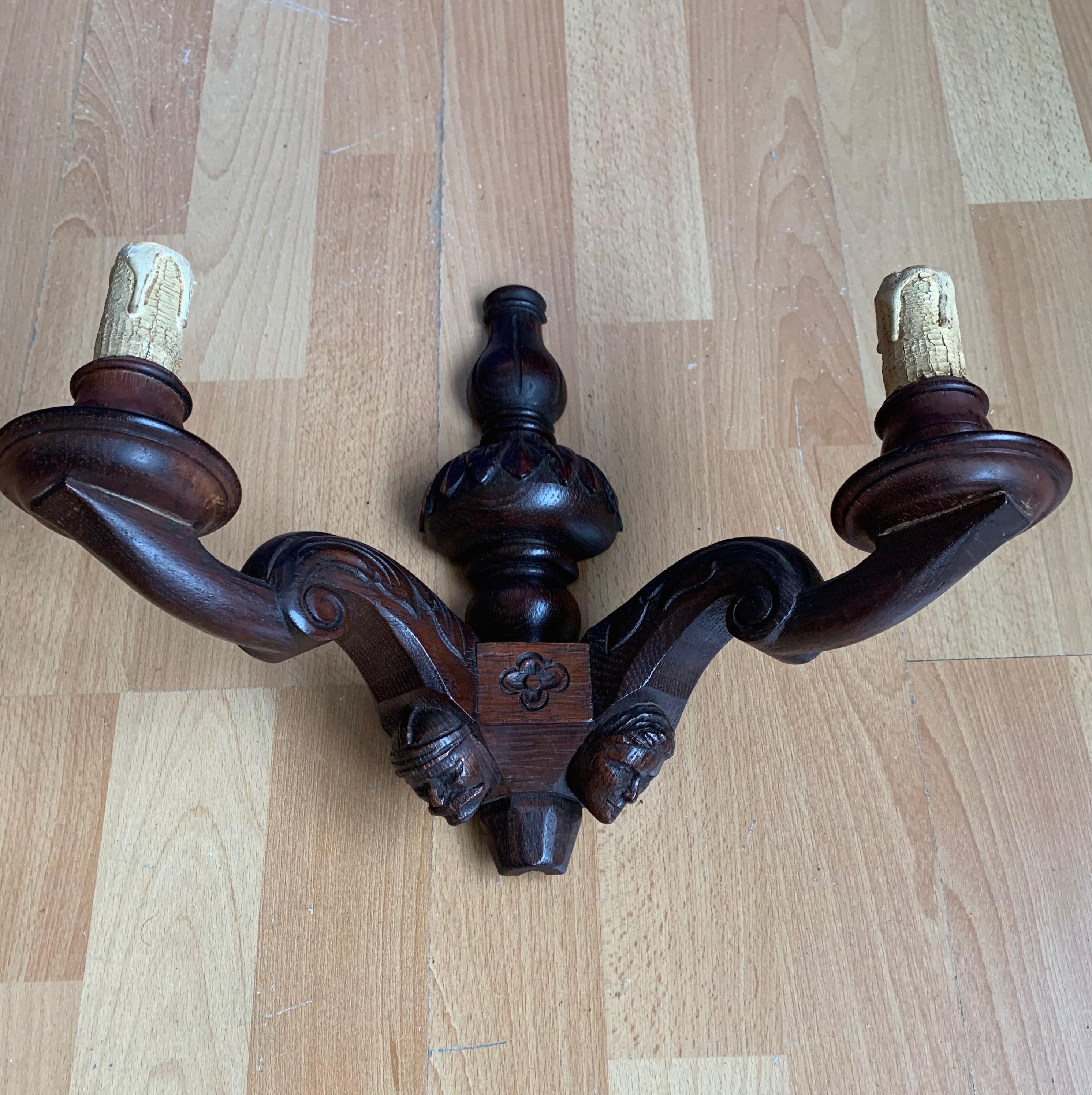 Stunning & Sculptural, Large Wooden Medieval St. Chandelier with Mask Sculptures For Sale 9