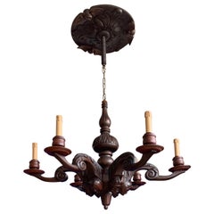 Antique Stunning & Sculptural, Large Wooden Medieval St. Chandelier with Mask Sculptures