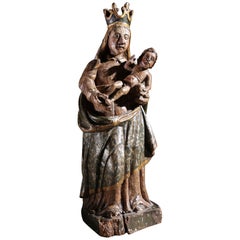 Stunning Sculpture Wood "Madonna with crown and child", Spain, 17th Century