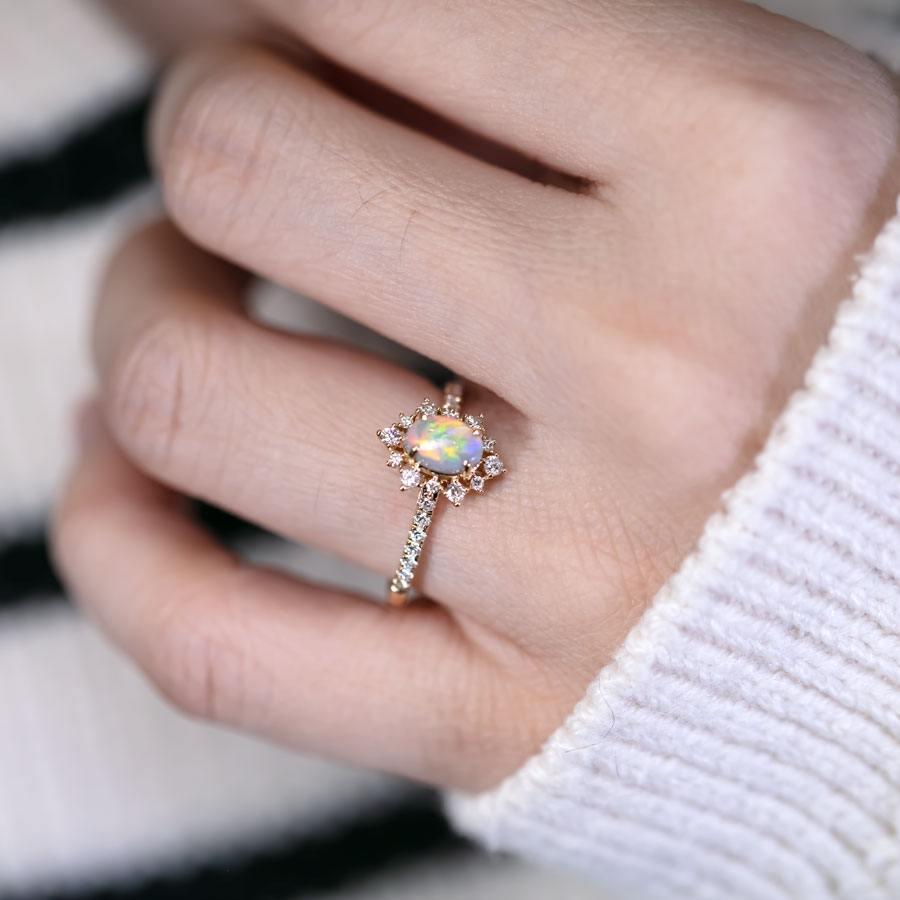 Arts and Crafts Stunning Semi-Black Opal Diamond Engagement Ring 18K Gold For Sale