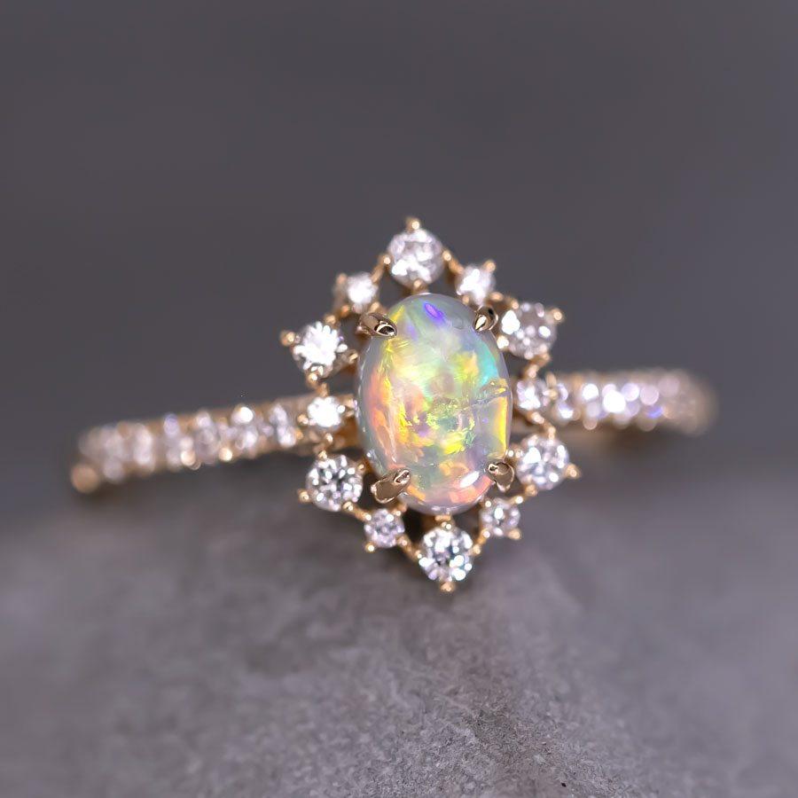 Brilliant Cut Stunning Semi-Black Opal Diamond Engagement Ring 18K Gold For Sale