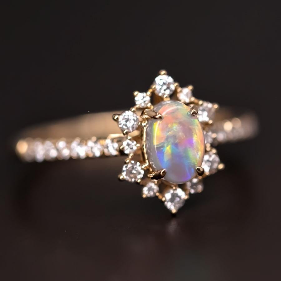 Stunning Semi-Black Opal Diamond Engagement Ring 18K Gold In New Condition For Sale In Suwanee, GA