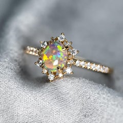 Stunning Semi Black Opal Diamond Halo Engagement Ring 18K Yellow Gold