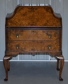 Stunning Serpentine Top circa 1930s Burr Walnut Writing Bureau Brown Leather