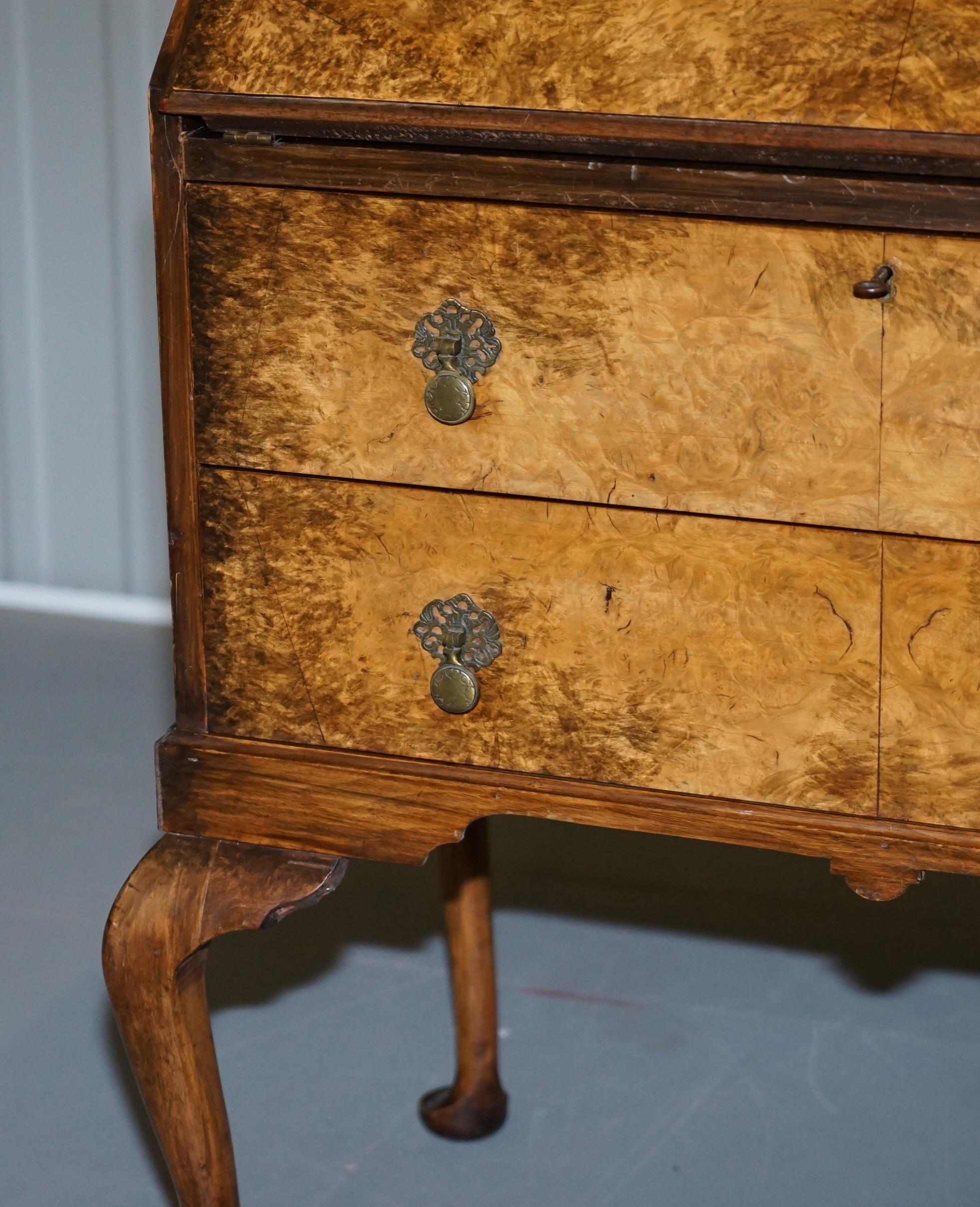 Mid-20th Century Stunning Serpentine Top circa 1930s Burr Walnut Writing Bureau Brown Leather